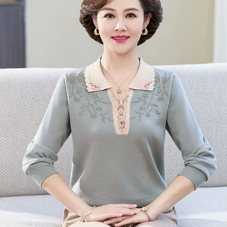 新款妈妈秋冬装针织长袖翻领上衣中老年宽松女装洋气打底衫毛衣厂