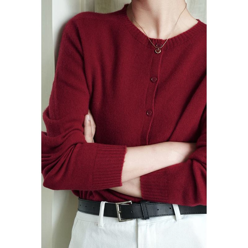 [Contains 3.5% Cashmere] Soft and Comfortable Round-Neck Wool Knit Cardigan for Women, Autumn and Winter Red Single-Breasted Coat