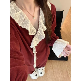 韩版甜美蕾丝花边德绒睡衣女春秋新款舒适保暖长袖长裤家居服套装