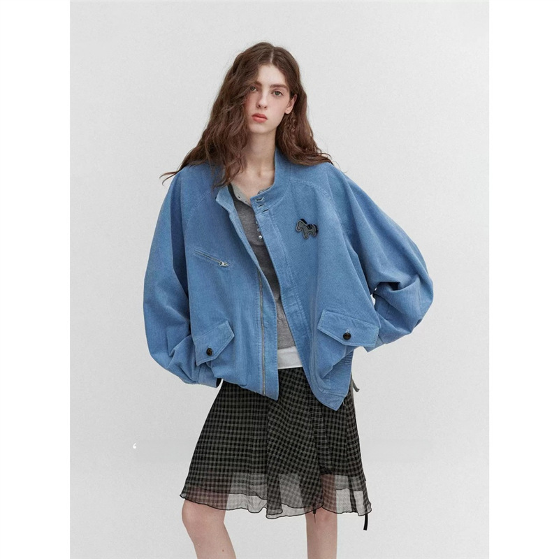 Let Daydreamer' Vintage Small Stand Collar Pony Embroidery Patch Oversized Corduroy Jacket for Women Let Daydreamer' Vintage Small Stand Collar Pony Embroidery Patch Oversized Corduroy Jacket for Women