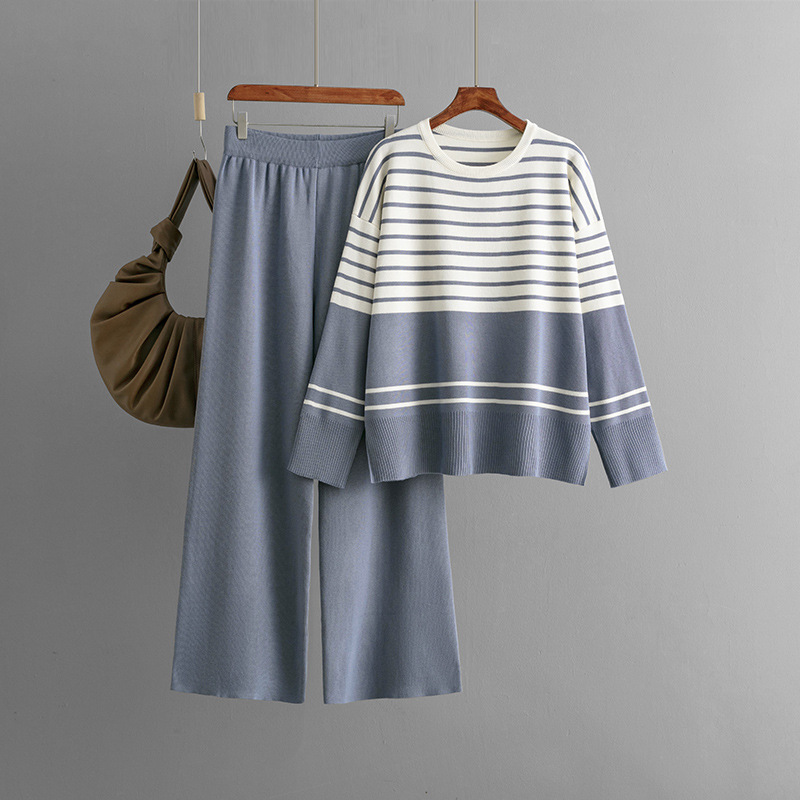 546g Weight Long Sleeve Sleeve Length Adhesive Fiber, knit Fabric Type Pant Co-ord Set Sets Type 2 Pieces Set Quantity Holiday, Daily Occasion Round Neck Neckline Loose Fit Type Stripe Pattern Winter, Autumn Season Women's Gender Casual, Simple Style Style Holiday Daily Women's Casual Simple Style Stripe Adhesive Fiber Knit Pant Co-ord Set Pants Sets 7
