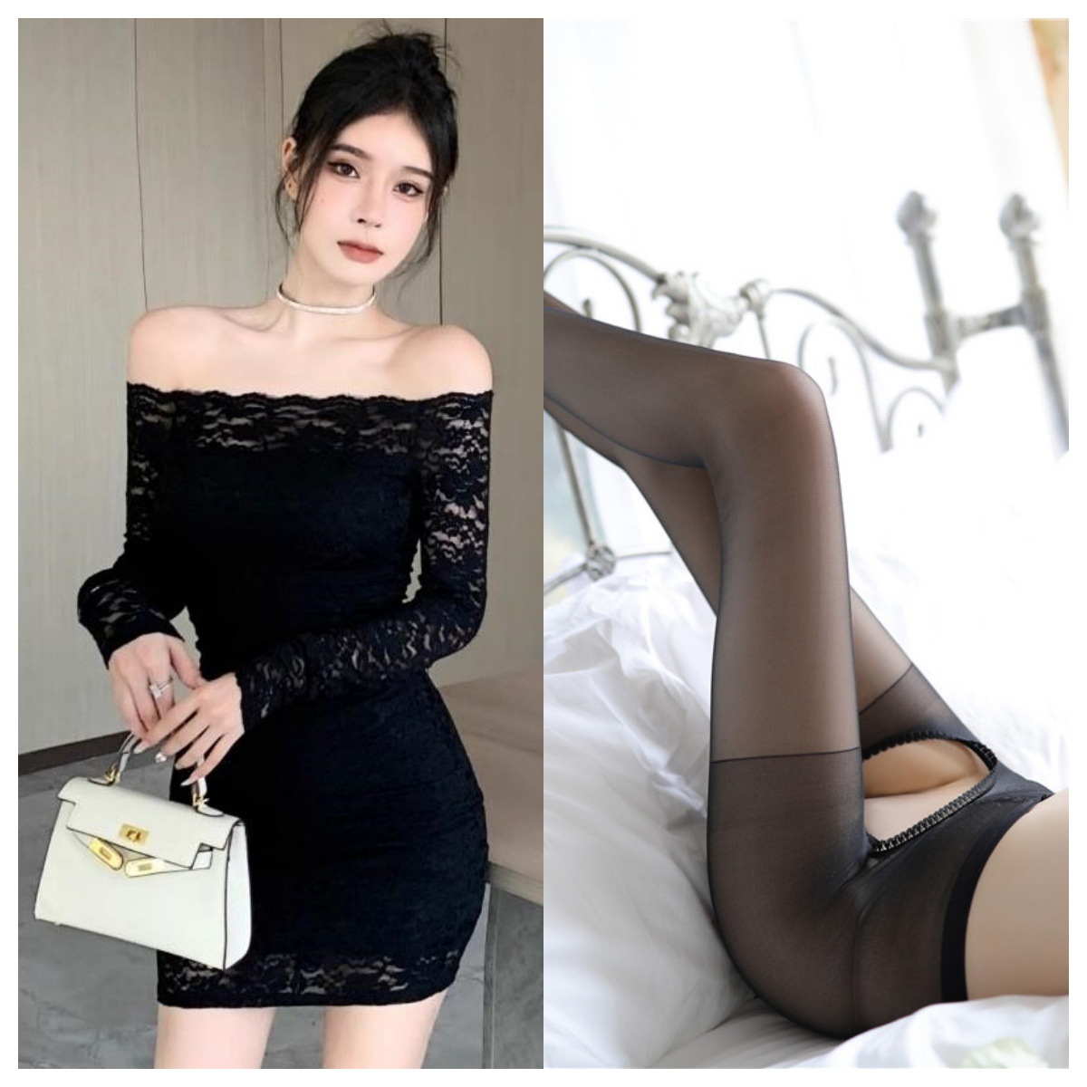 검은색 드레스 + 검은색 오픈 양말