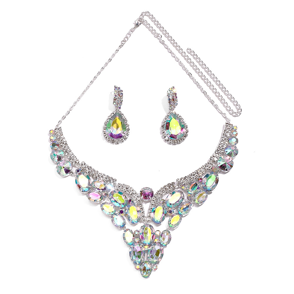Moda europea y americana exagerada joyería traje nupcial boda rhinestone collar gota de agua pendientes joyería conjunto de joyas