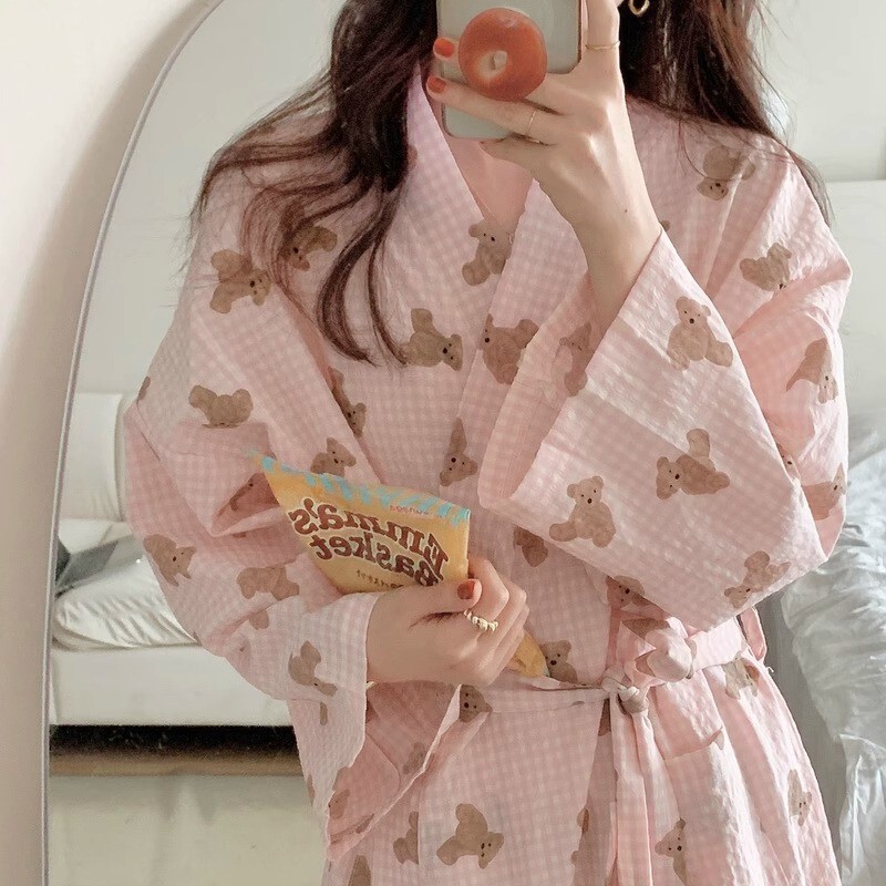 Nightgown Women's Spring and Autumn New Japanese Ins Style Cute Bathrobe Plaid Bear Long Sleeve Cartoon Princess Style Home Clothes
