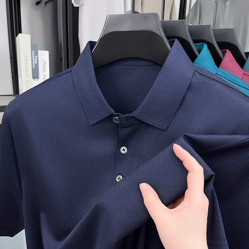 Áo polo nam tay ngắn lụa tơ tằm cao cấp phong cách công sở — Xanh đậm 15580
