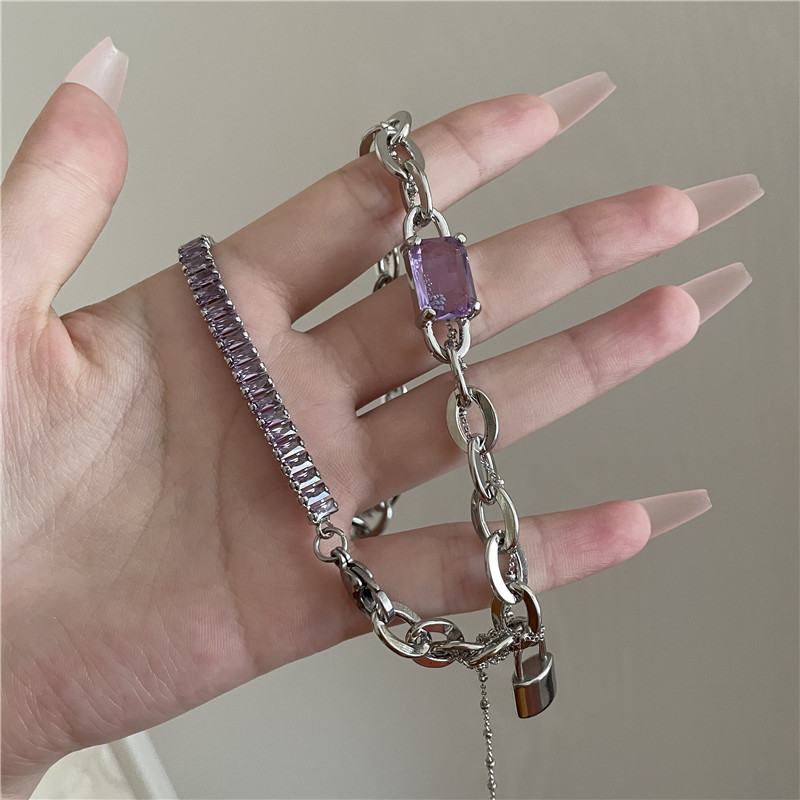 Punk Style Purple Zircon Titanium Steel Chain Stitching Necklace Tassel Clavicle Chain display picture 8