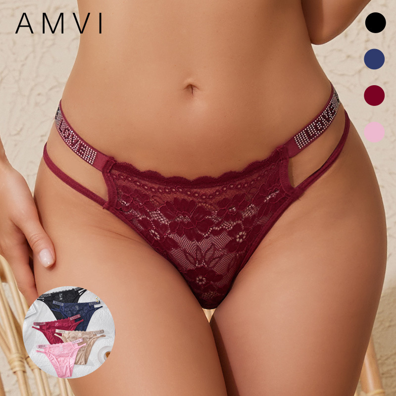 Europe and the United States hot hot drilling sexy lace ladies underwear thong cotton crotch temptation ice silk T pants foreign trade cross-border