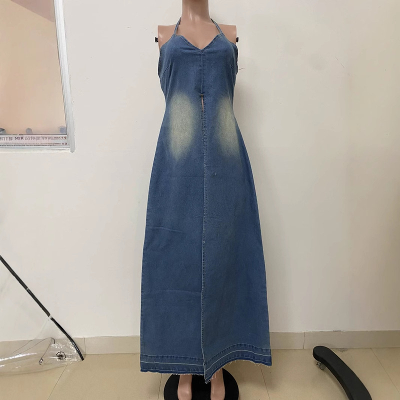 ヨーロッパとアメリカの女性のファッションキャミソールVネックスプリットヘムバック中空トレンディデニムトップ|undefined