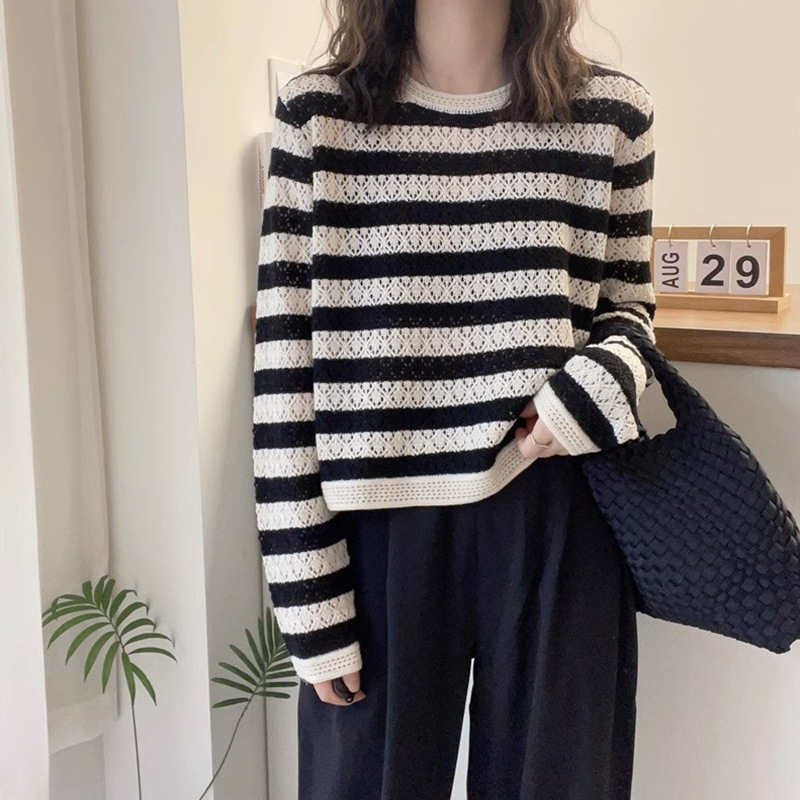 Crochet Hollow Sweater Women's Spring Fashion Lazy Wind Color Striped Sweater Casual Loose Pullover Top