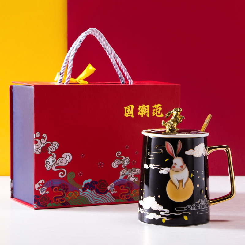 国潮中国风卡通兔子马克杯礼品装家用办公水杯陶瓷送礼情侣杯带盖|ru