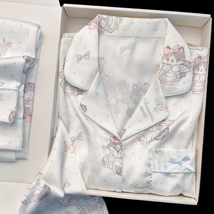 【Angel Cat】New Ice Silk Pajamas for Women, Spring and Autumn, Long-Sleeved Silk Cute Cartoon Summer Loungewear