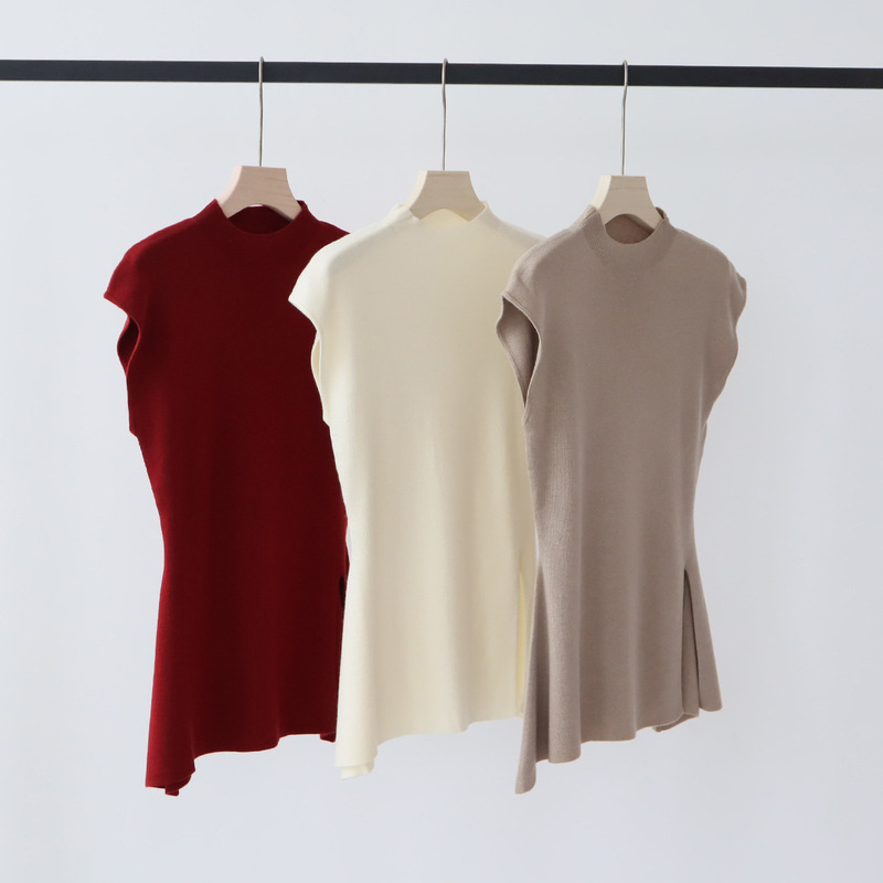 Wool Blended Sleeveless Top Women's High-end Early Autumn Semi-high Collar Design Sense Lotus Leaf Hem Shoulder Sweater for Women