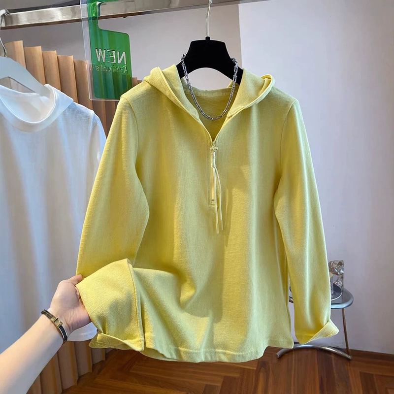 Plus-size women's high-end hooded half-zip long-sleeve t-shirt, loose casual base shirt for autumn Plus-size women's high-end hooded half-zip long-sleeve t-shirt, loose casual base shirt for autumn