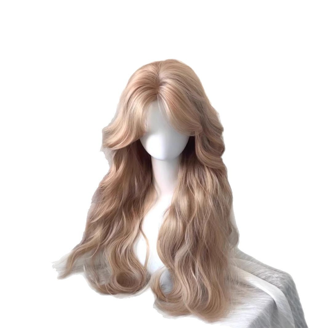 [Cremada Barbie oro] pelucas de mujer refinada leche de arroz blanco ruído de huevo rollo largo rizado cubierta de cabeza completa