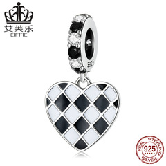 艾芙樂純銀s925黑白格子愛心吊墜手鍊 滴油心形簡約鋯石墜子配飾