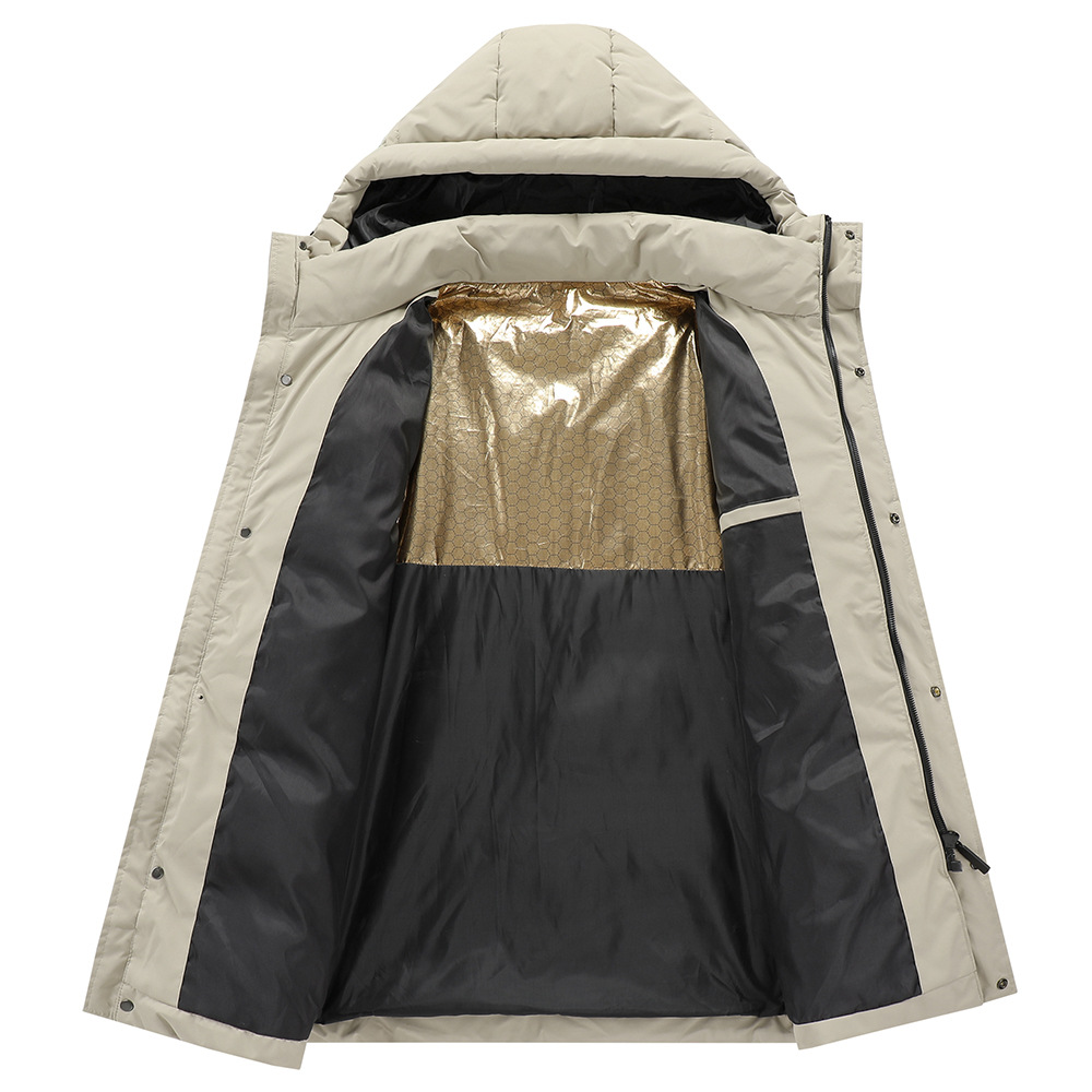 Otoño y invierno hombres encapuchados pico esquí al aire libre caliente algodón medio largo traje de esquí de grafeno grande algodón