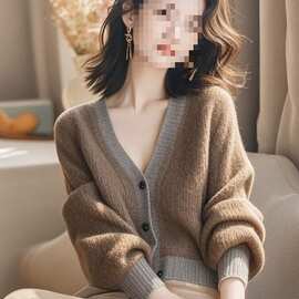 时尚复古风棕色领长袖针织开衫女春秋款百搭软糯毛衣外套女