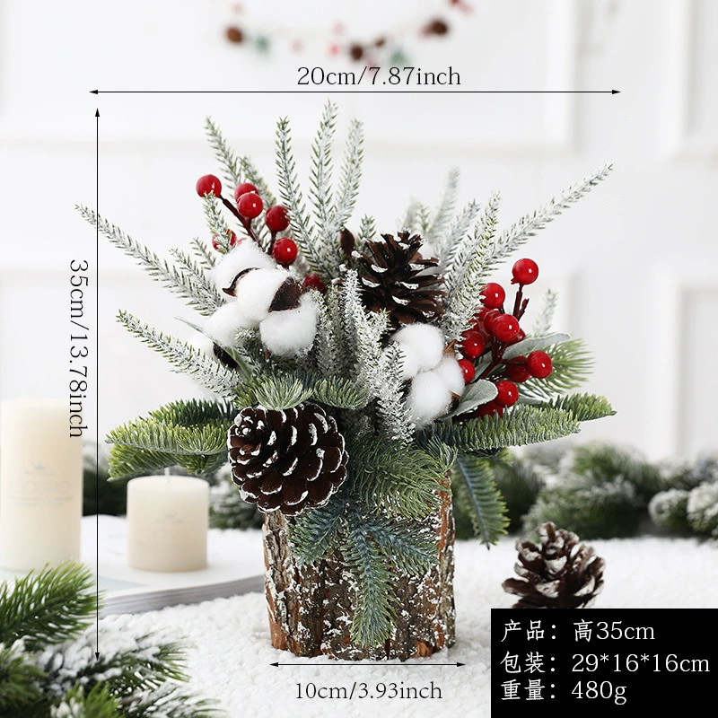 Christmas wooden barrel table centerpiece, faux pine with berries & cones, 3 styles (log/apple/cotton)