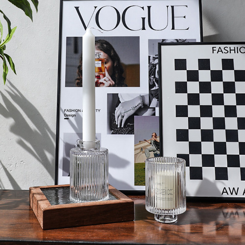 Nordic light luxury vertical pattern dual-use glass candle holder with candle and wax pouring, glass household home decoration item ornament