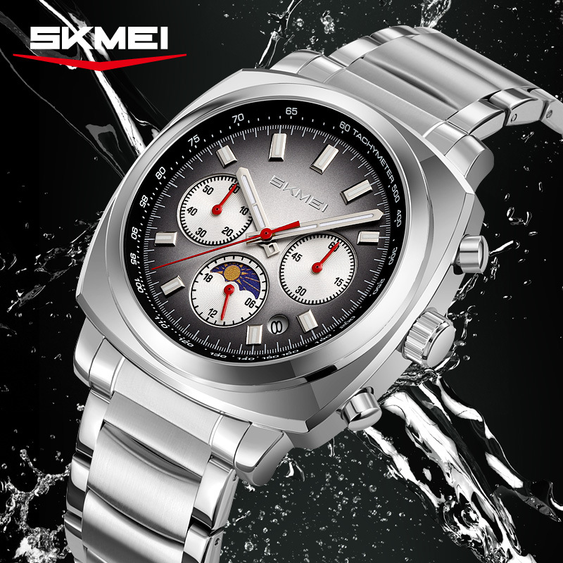 Momento de la belleza multifuncional cronógrafo de cuarzo hombre reloj de pulsera de acero deportivo de negocios nocturna impermeable mayorista transfronterizo