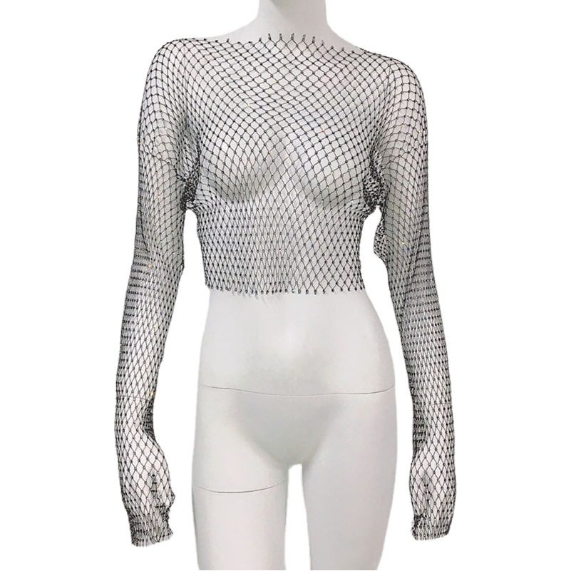 De Europa y América transfronteriza de las mujeres calientes de malla de diamantes de imitación red de pesca de manga larga Sexy Slim rhinestone Top party chica caliente de manga larga