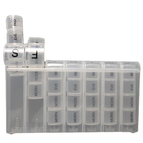 亚马逊热卖同款彩色一周28格弹簧药盒 便捷式7天28格彩虹塑料药盒