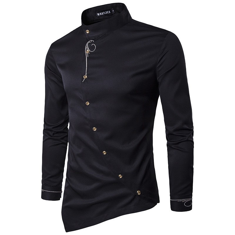 Aliexpress New Men's Diagonal Button Irregular Good Quality European Size Shirt Spring Stand Collar Men's Large Size Shirt