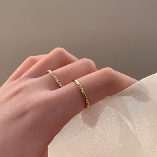 Gold micro-paved zircon simple plain ring open ring two-piece set women's fashion versatile index finger ring high-end