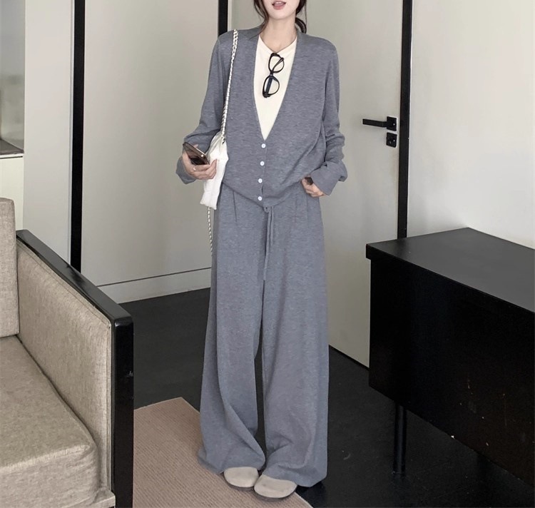 网红同款慵懒风套装假两件毛衣针织开衫女秋冬季阔腿裤针织两件套|undefined
