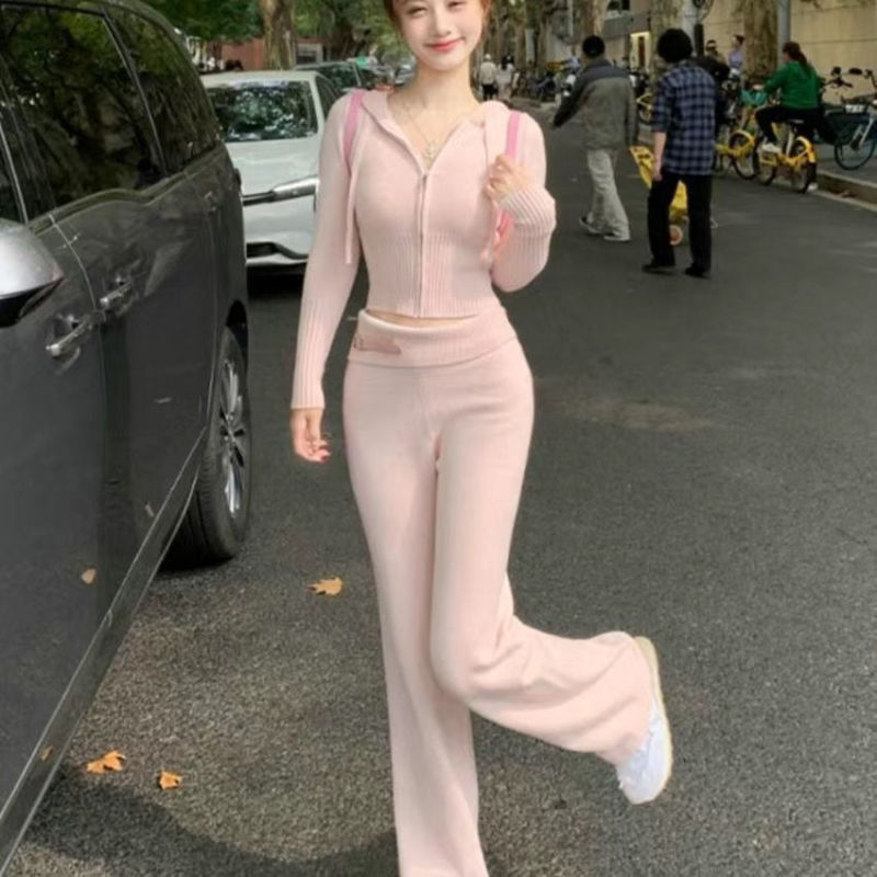 休闲运动套装女2025秋冬新款小个子时尚粉色毛衣阔腿裤两件套洋气|undefined