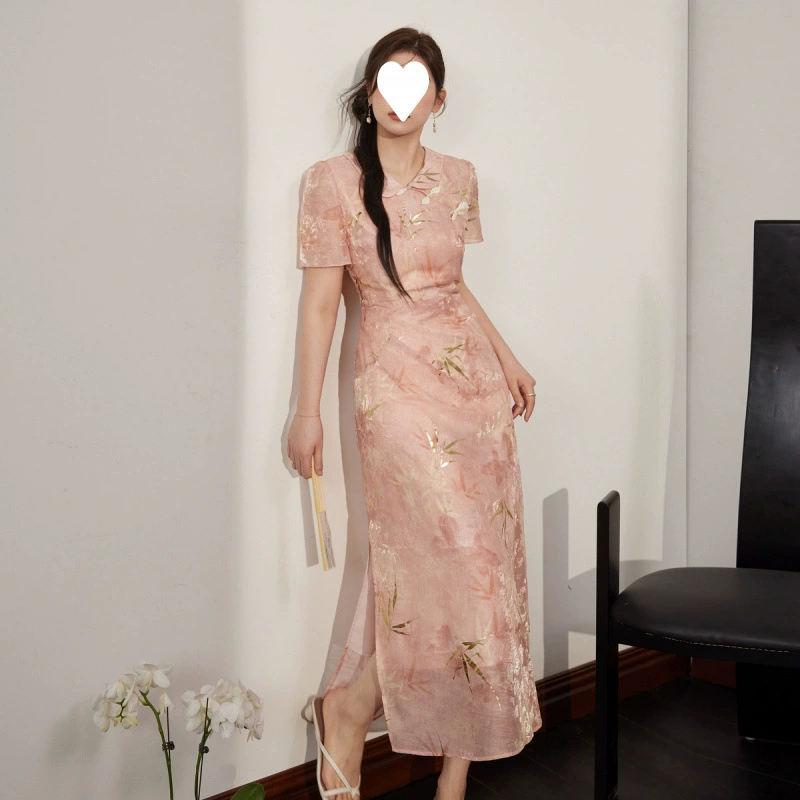 Женская одежда больших размеров для полных женщин, новое розовое платье-чонсам в китайском стиле, элегантное и облегающее летнее платье с принтом.