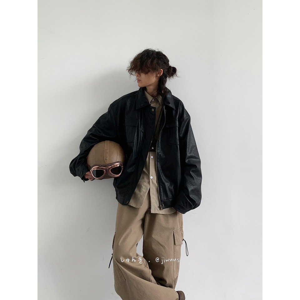 Primavera 2024 japonés retro pu motocicleta chaqueta de cuero para niños y niñas clásico suelto neutral marrón chaqueta de cuero chaqueta