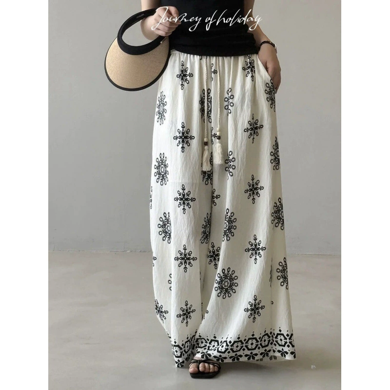 В наличии летние новые широкие брюки с принтом и завязками для женщин 2025 года, свободные и универсальные, удобные повседневные брюки для отдыха