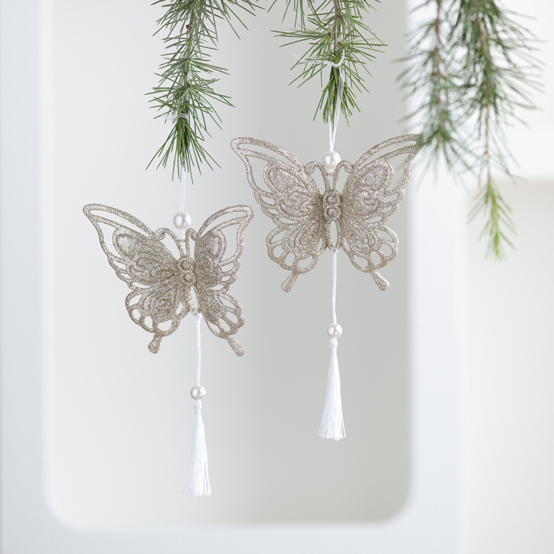 Nuevos productos transfronterizos de madera decoraciones de árboles de Navidad polvo brillante hueco flocos de nieve amor colgante mariposa colgante de Navidad
