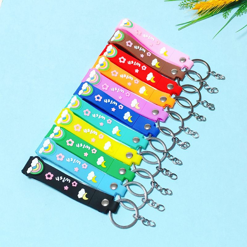 XQ9015 Soft Gum Rainbow WISH Pattern Keychain Leather Rope Cute Popular Hot Selling Car Key Wristband