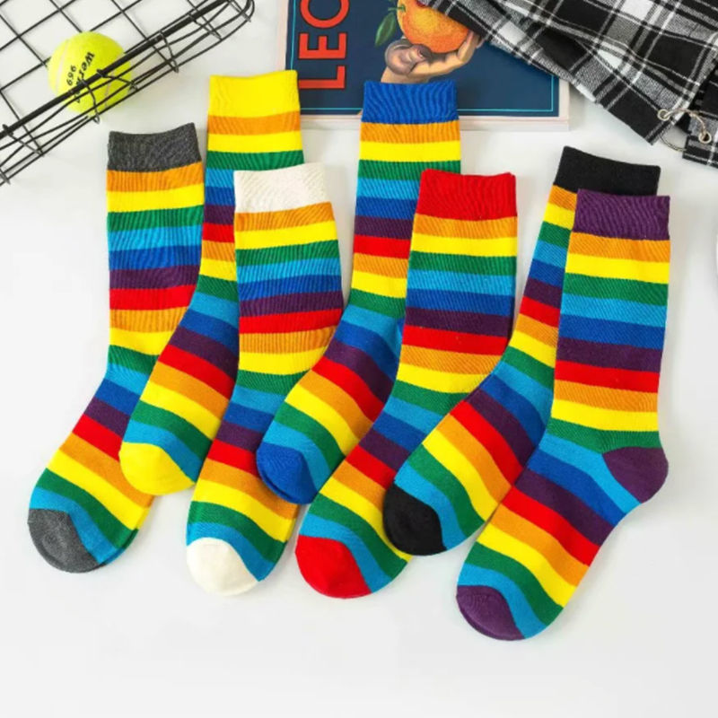 Rainbow socks children ins Medium hose colour stripe Stockings Versatile the republic of korea pinkycolor Piles of socks