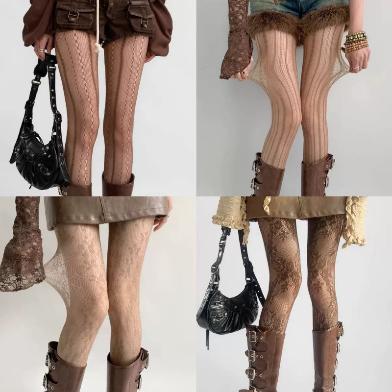 Spring Summer Retro Vertical Jacquard Sexy Black Silk Hot Girl Pure Desire Beautiful Leg Stockings Hollow Lace Mesh_voghion.com