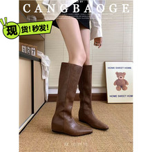 不过膝靴女2025新款爆款尖头内增高平底靴后拉链安可拉红骑士靴