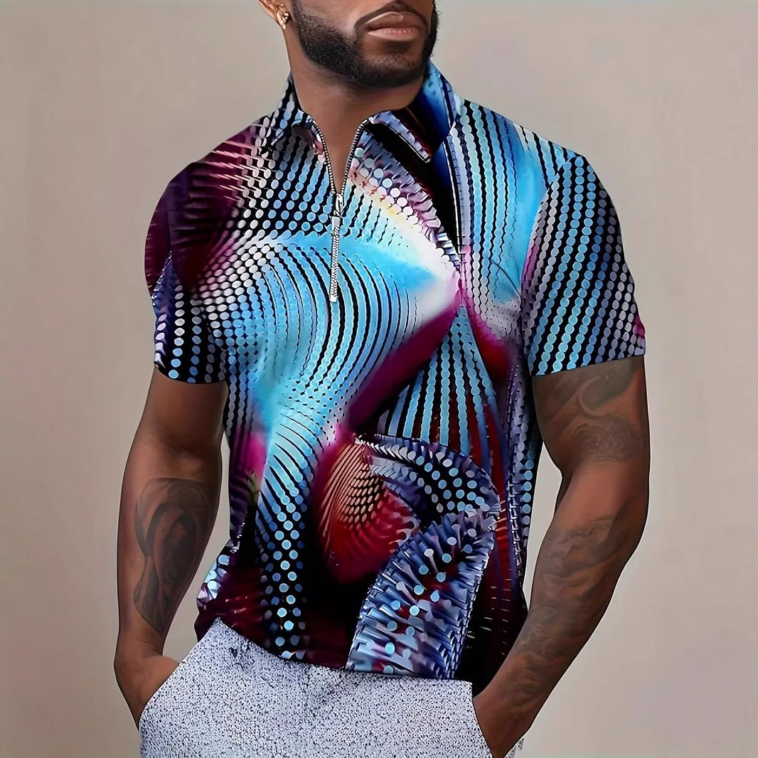 Cool abstracto colorido tecnología halo impresión 3D calle hombre solapa suelta transpirable manga corta cremallera camisa POLO