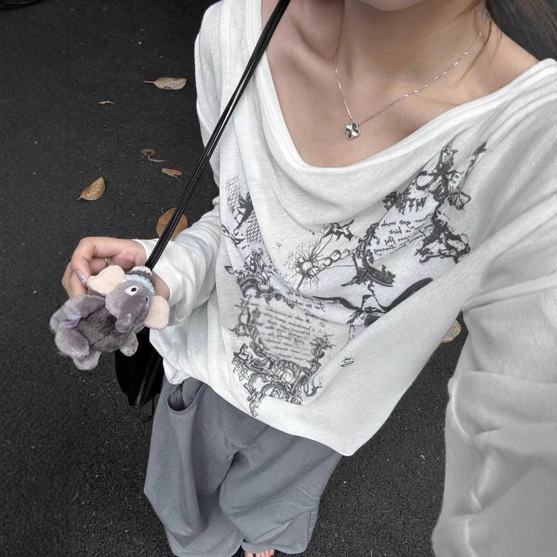 American Style Lazy Sun Protection Blouse T-Shirt for Women Summer Sexy Loose Slightly See-Through Design White V Neck Long-Sleeved Top