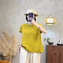 日系森女系 夏季新品纯色圆领盘扣双层棉纱宽松短袖衬衫女打底衫