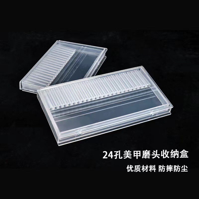 Uñas transfronterizas Caja de almacenamiento de cabezal de molienda de 24 agujeros Tratamiento frontal portátil Soporte de herramientas de pantalla abatible a prueba de polvo