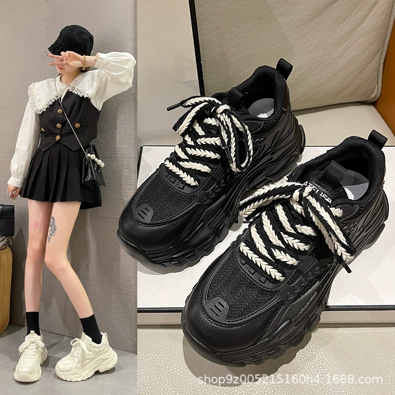 Женские черные кроссовки для внешней торговли, осенние дышащие новые легкие кроссовки для бега на толстой подошве, модные, осень 2023 г.