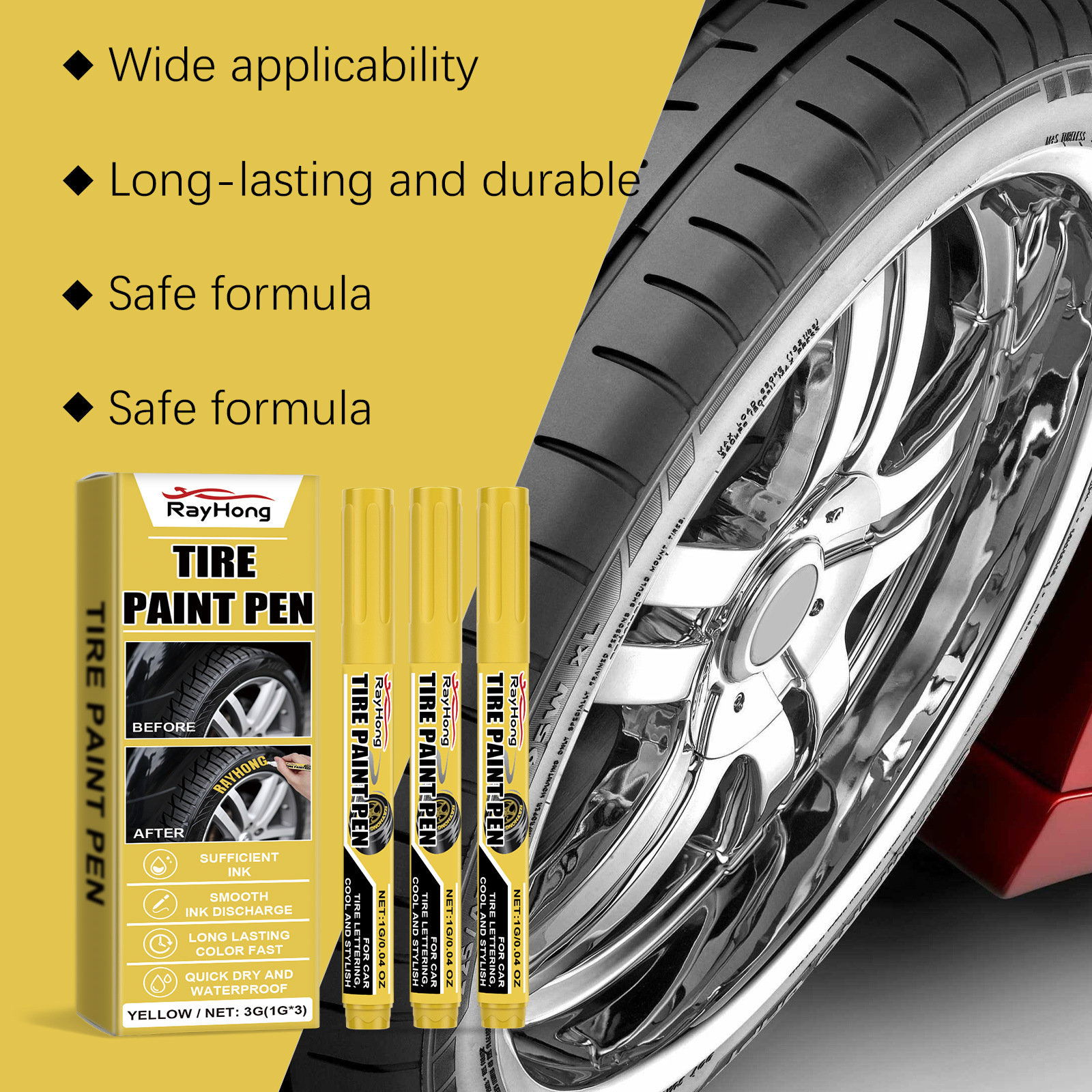 Rayhong Yellow Car Tire Paint Pen Car Tire Art Painting Waterproof Long-Lasting Oil-Based Pen
