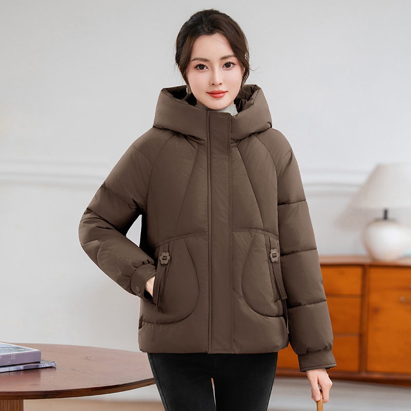 2025 invierno nuevo abrigo de algodón de pluma mujer corto encapuchado grueso abrigo de pan de moda abrigo de algodón abrigo de algodón