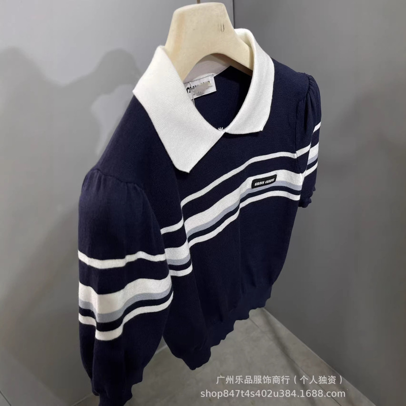 Miu Correct Version Color-Blocked Knit Sweater for Women 26 New Style High-End Striped T-Shirt with Turn-Down Collar Short-Sleeve Patchwork Design Top Miu Correct Version Color-Blocked Knit Sweater for Women 26 New Style High-End Striped T-Shirt with Turn-Down Collar Short-Sleeve Patchwork Design Top