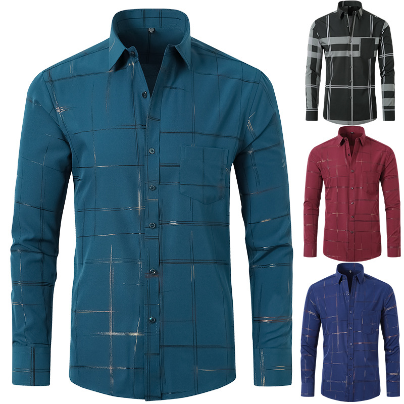 Amazon stretch camisa de manga larga transfronteriza de los hombres de bronceado no planchado camisa Comercio exterior delgada de los hombres SLIM-Fit camisa