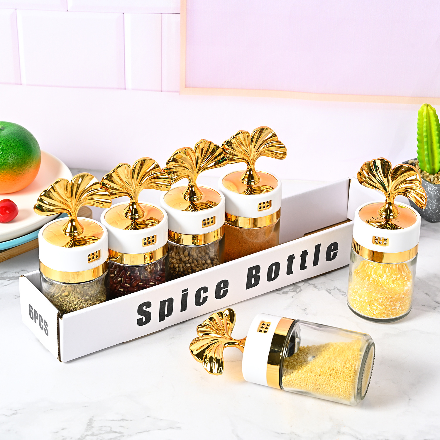 Nueva cocina sellada ginkgo hoja condimento botella hogar frasco de sal vidrio condimento botella condimento caja MSG condimento botella