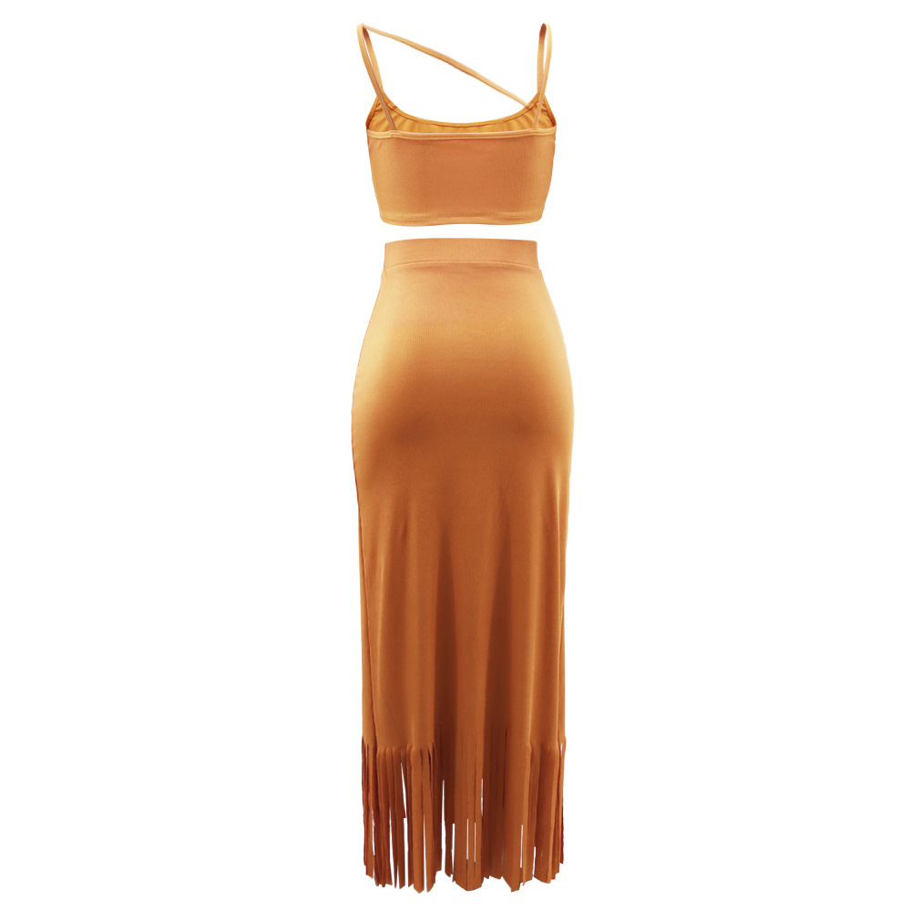 Sleeveless Cropped Short Vest Small Pit High Waist Tassel Dress Two Piece Set 6 Sleeveless Cropped Short Vest Small Pit High Waist Tassel Dress Two Piece Set