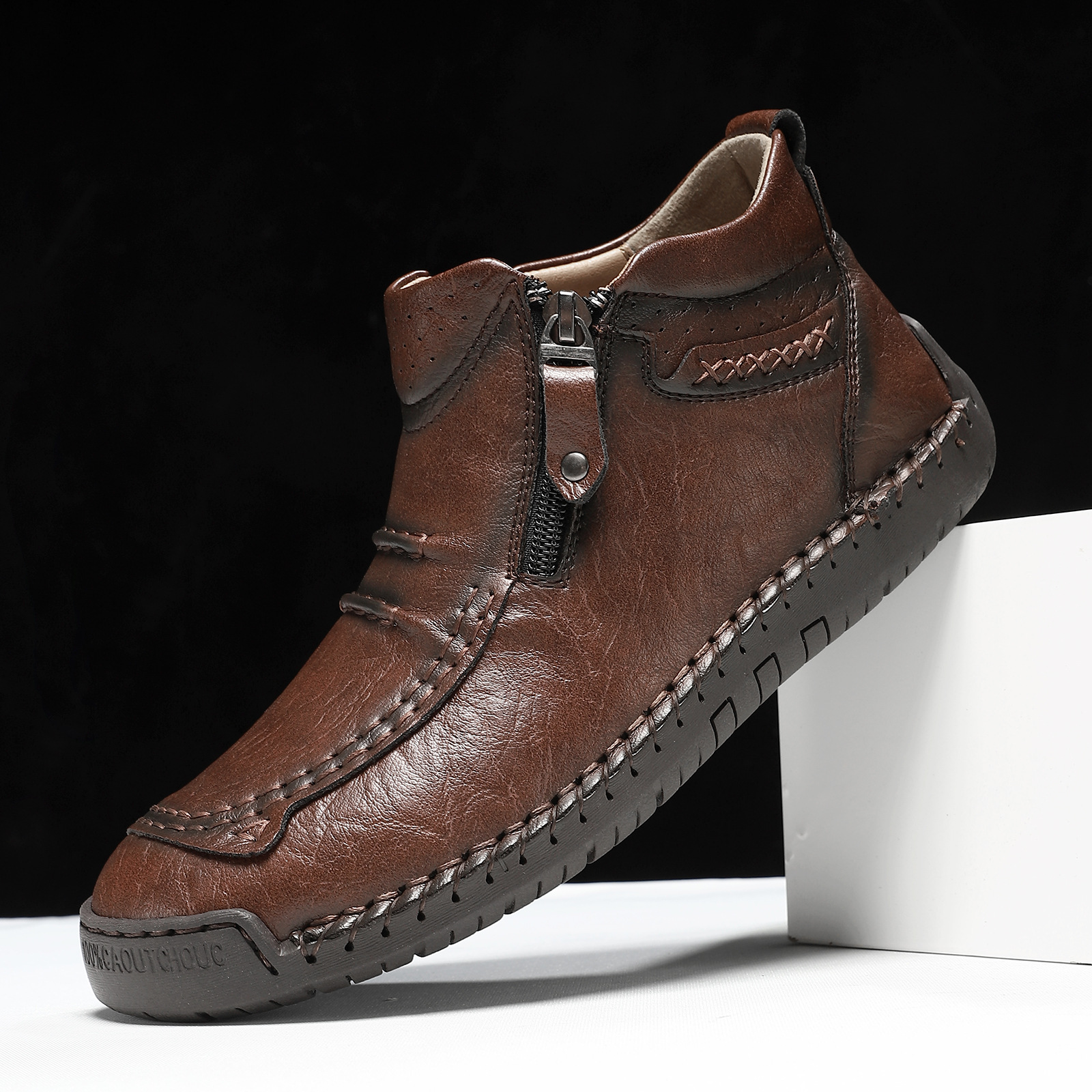 Plus-Size Men's Shoes Outdoor Casual Shoes Flat Handmade Stitched Shoes Zipper Martin Boots Short Boots 830_vogvips.com